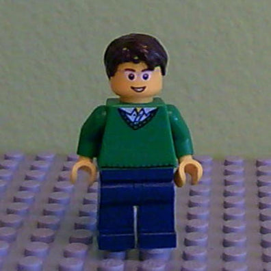 LEGO Minifigure-Green V-Neck Sweater, Dark Blue Legs, Dark Brown Short Tousled Hair, Glasses-Town / City-CTY191-Creative Brick Builders